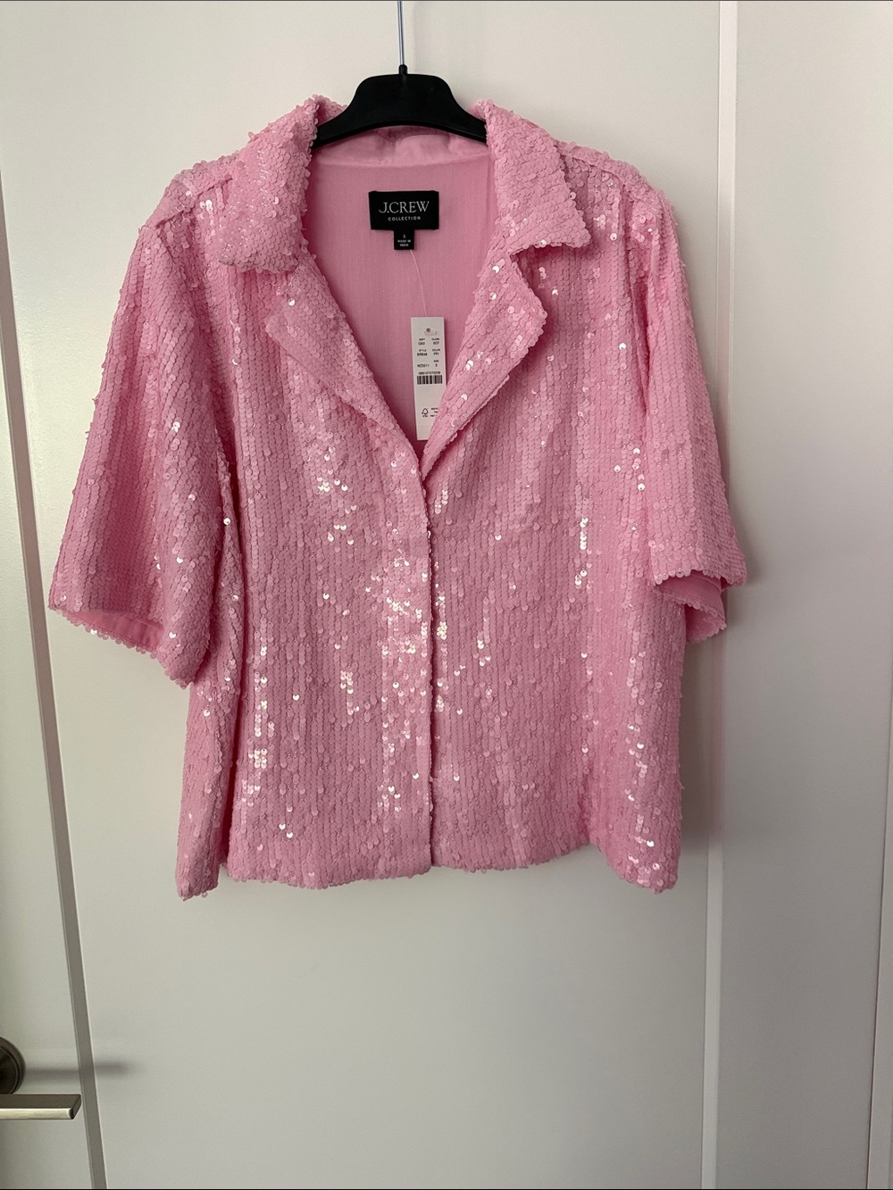 J. Crew Pink Sequin Short-Sleeve Button-Front Top